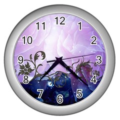 Elegant Floral Design Wall Clock (silver) by FantasyWorld7