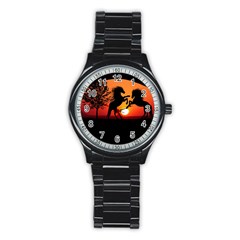 Sunset Horses Shadow Stainless Steel Round Watch by Bajindul