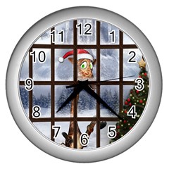 Funny Giraffe  With Christmas Hat Looks Through The Window Wall Clock (silver) by FantasyWorld7