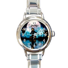 Funny Halloween Design With Skeleton, Pumpkin And Owl Round Italian Charm Watch by FantasyWorld7