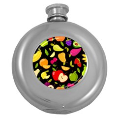 Vector Seamless Summer Fruits Pattern Black Background Round Hip Flask (5 Oz) by Vaneshart