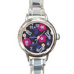 Vector Seamless Flower And Leaves Pattern Round Italian Charm Watch by Sobalvarro