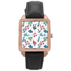 Seamless Pattern Nautical Icons Cartoon Style Rose Gold Leather Watch  by Vaneshart