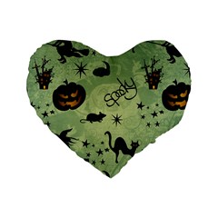 Funny Halloween Pattern With Witch, Cat And Pumpkin Standard 16  Premium Heart Shape Cushions by FantasyWorld7