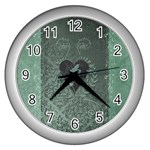 Elegant Heart With Piano And Clef On Damask Background Wall Clock (Silver) Front