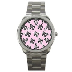 French France Fleur De Lys Metal Pattern Black And White Antique Vintage Pink And Black Rocker Sport Metal Watch by Quebec