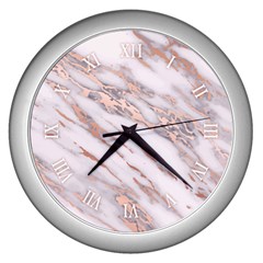 Marble With Metallic Rose Gold Intrusions On Gray White Stone Texture Pastel Pink Background Wall Clock (silver) by genx