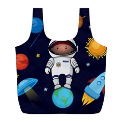 Boy Spaceman Space Rocket Ufo Planets Stars Full Print Recycle Bag (l) by Vaneshart