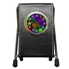 Ganja In Rainbow Colors, Weed Pattern, Marihujana Theme Pen Holder Desk Clock by Casemiro