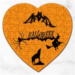 Happy Halloween Scary Funny Spooky Logo Witch On Broom Broomstick Spider Wolf Bat Black 8888 Black A Jigsaw Puzzle (Heart) Front