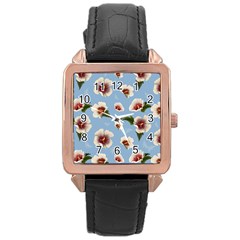 Delicate Hibiscus Flowers On A Blue Background Rose Gold Leather Watch  by SychEva