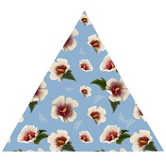 Delicate Hibiscus Flowers On A Blue Background Wooden Puzzle Triangle by SychEva