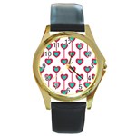 Red Hearts On A White Background Round Gold Metal Watch Front