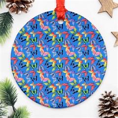 Multicolored Butterflies Fly On A Blue Background Ornament (round) by SychEva