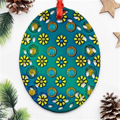 Yellow And Blue Proud Blooming Flowers Oval Filigree Ornament (two Sides) by pepitasart