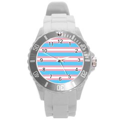 Trans Flag Stripes Round Plastic Sport Watch (l) by WetdryvacsLair