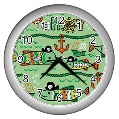 Seamless Pattern Fishes Pirates Cartoon Wall Clock (silver) by Jancukart