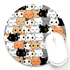 Cute-cat-kitten-cartoon-doodle-seamless-pattern Round Mousepads by Jancukart