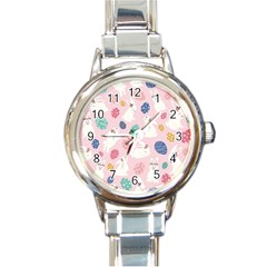 Cute Bunnies Easter Eggs Seamless Pattern Round Italian Charm Watch by Jancukart