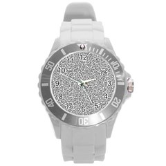 Black And White Hello Text Motif Random Pattern Round Plastic Sport Watch (l) by dflcprintsclothing