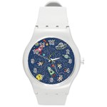 Illustration Cat Space Astronaut Rocket Maze Round Plastic Sport Watch (M) Front