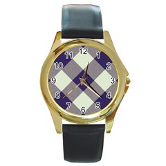 Dark Blue And White Diagonal Plaids Round Gold Metal Watch by ConteMonfrey