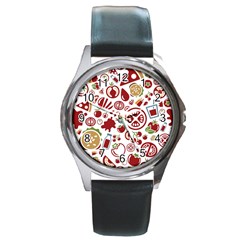 Pizza Seamless Pattern Background Round Metal Watch by Jancukart