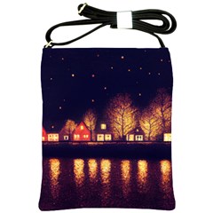 Night Houses River Bokeh Leaves Fall Autumn Shoulder Sling Bag by danenraven