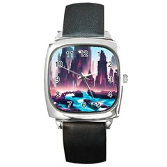 Urban City Cyberpunk River Cyber Tech Future Square Metal Watch by Uceng