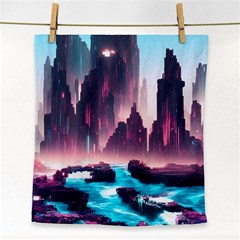 Urban City Cyberpunk River Cyber Tech Future Face Towel by Uceng