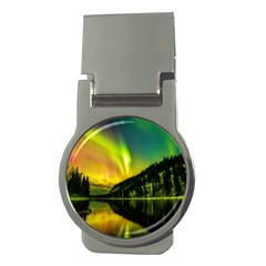 Scenic View Of Aurora Borealis Stretching Over A Lake At Night Money Clips (round)  by danenraven