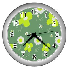 Daisy Flowers Lime Green White Forest Green  Wall Clock (silver) by Mazipoodles