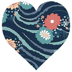 Waves Flowers Pattern Water Floral Minimalist Wooden Puzzle Heart by Ravend