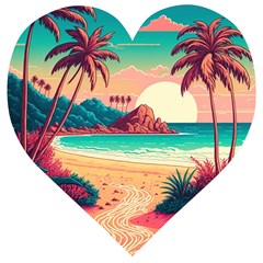 Palm Trees Tropical Ocean Sunset Sunrise Landscape Wooden Puzzle Heart by Pakemis