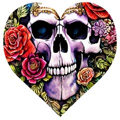 Sugar Skull With Flowers - Day Of The Dead Wooden Puzzle Heart by GardenOfOphir