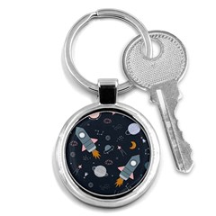 Space Background Illustration With Stars And Rocket Seamless Vector Pattern Key Chain (round) by Salman4z