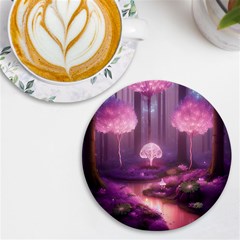 Trees Forest Landscape Nature Neon Uv Print Round Tile Coaster by Uceng