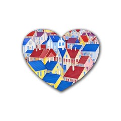 City Houses Cute Drawing Landscape Village Rubber Heart Coaster (4 Pack) by Uceng