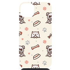 Pug Dog Cat With Bone Fish Bones Paw Prints Ball Seamless Pattern Vector Background Iphone 14 Plus Black Uv Print Case by Salman4z