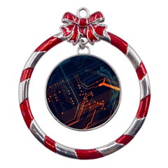 Abstract Colorful Circuit Metal Red Ribbon Round Ornament by Bakwanart