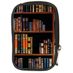 Assorted Title Of Books Piled In The Shelves Assorted Book Lot Inside The Wooden Shelf Compact Camera Leather Case by 99art