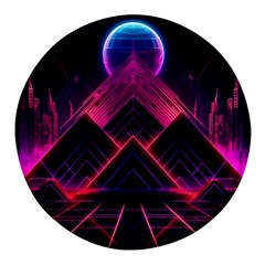 Synthwave City Retrowave Wave Round Glass Fridge Magnet (4 Pack) by Bangk1t