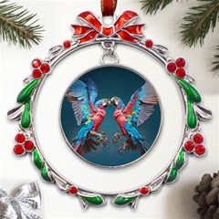 Birds Parrots Love Ornithology Species Fauna Metal X mas Wreath Ribbon Ornament by Ndabl3x