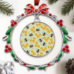 Honey Bee Bees Pattern Metal X mas Wreath Ribbon Ornament by Ndabl3x