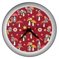 Woodland Mushroom And Daisy Seamless Pattern On Red Background Wall Clock (silver) by Wav3s