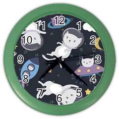 Space Cat Illustration Pattern Astronaut Color Wall Clock by Wav3s