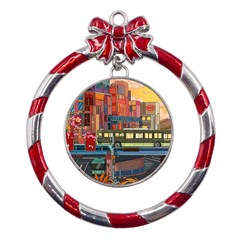 The City Style Bus Fantasy Architecture Art Metal Red Ribbon Round Ornament by Grandong