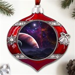 Clouds Fantasy Space Landscape Colorful Planet Metal Snowflake And Bell Red Ornament Front