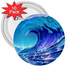 Tsunami Tidal Wave Ocean Waves Sea Nature Water Blue 3  Buttons (10 Pack)  by uniart180623