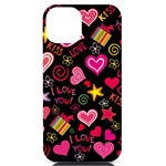 Multicolored Love Hearts Kiss Romantic Pattern iPhone 14 Black UV Print Case Front